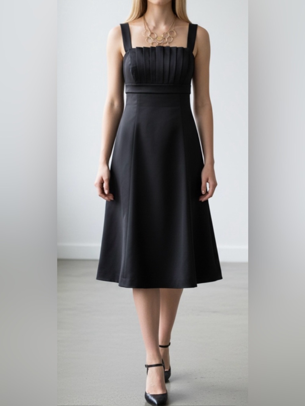 DAVID’S BRIDAL- Black Pleated Bodice Midi Dress